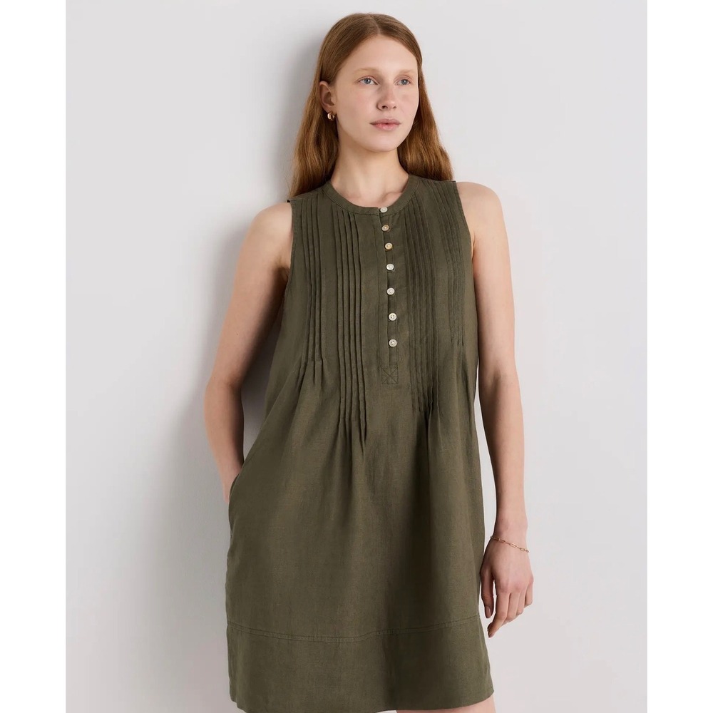 Quince 100% European Linen Sleeveless Swing Dress Bayberry Olive M NWT